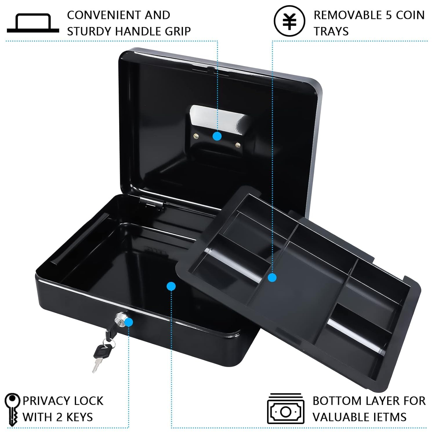 Large 12 Inch Cash Box With Note & Coin Compartments, Cash Box With Lock & Key, Money Tray Perfect Secure Storage, Colour - Black