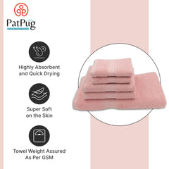Patpug 100% Indian Cotton Plush Towel Set 1200 Gsm | Highly Absorbent, Fade Resistant, Quick Drying (Baby Pink) - 5 Piece