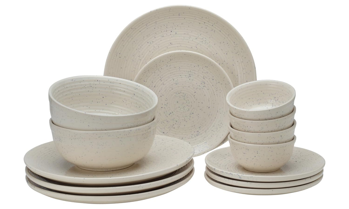 Handcrafted Ceramic Stoneware Dinner Set Of 14 Pieces With Serving Bowl Set - Ivory White | 4 Dinner Plates + 4 Small Plates + 4 Dinner Bowl, 180ml Each+ 2 Serving Bowl, 1000ml Each | Microwave Safe