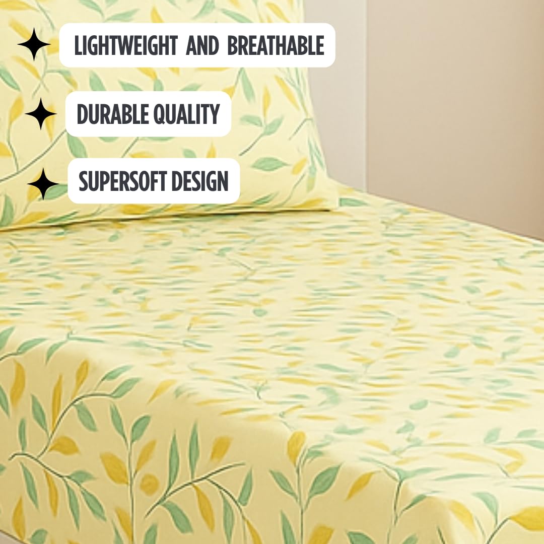 Single Bedsheet With 1 Pillow Cover - Size 90 X 60 Inches, Beige | Soft Touch Cotton Fabric-Comfortable & Durable | Elegant Printed Bedding Set For Daily Use
