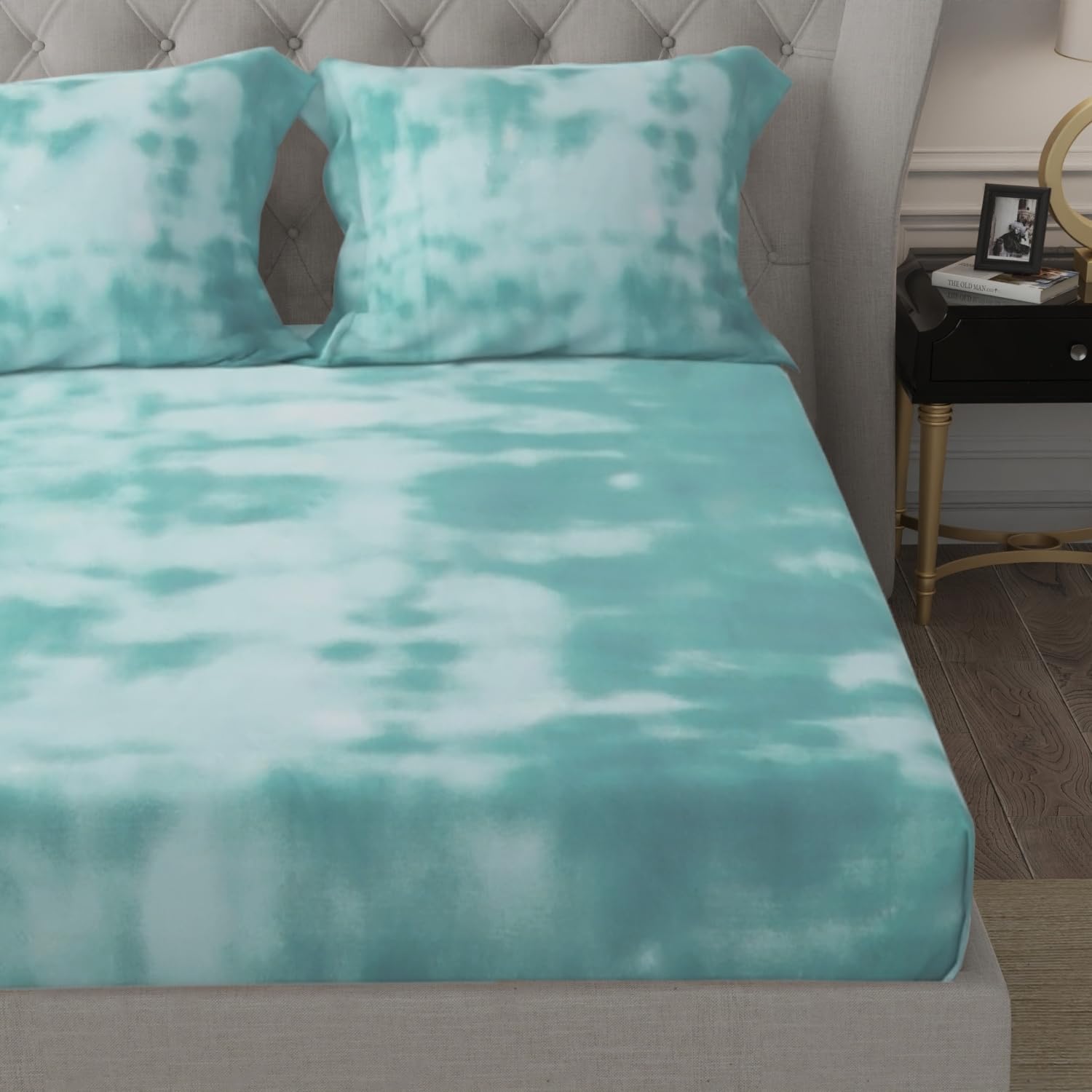 Cotton Elastic Fitted Double Bedsheet For King Size With 2 Pillow Covers - 78 X 72 + 8 Inches, White & Seafoam | Soft Wrinkle Free & Breathable Elastic Bedsheets For King Size Bed