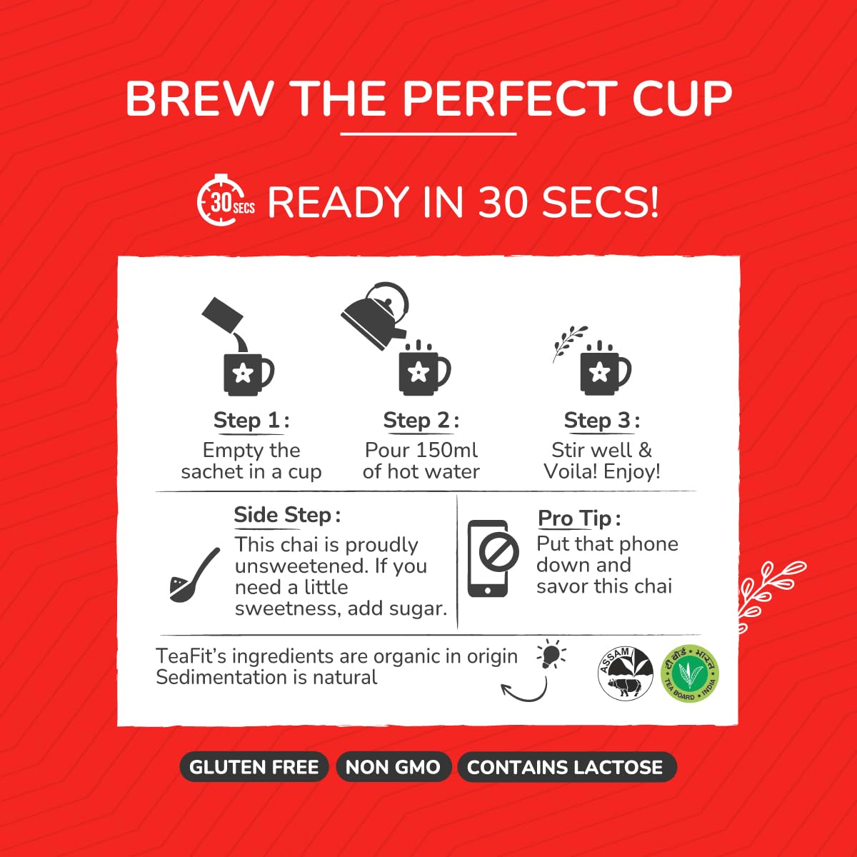 Teafit Unsweetened Instant Spiced Tea Premix - Pack Of 100 Sachets, 1.4 Kg, 49.3 Ounce | Premium Milk Tea Premix, Just Add Water - Strong Home Like Masala Chai | Medium Caffeine