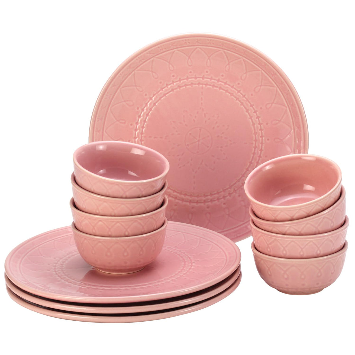 Handcrafted Stoneware Embossed Ceramic Dinner Set Of 12 Pcs - Light Pink | 4 Dinner Plates+ 8 Salad Bowls, 180ml Each - Microwave & Dishwasher Safe