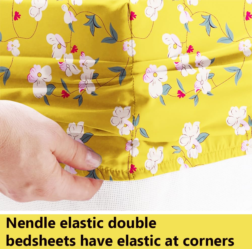 Elastic Fitted Double Bedsheets For Queen Size With 2 Pillow Covers - Size 72 X 68 X 6 Inches, Yellow & White | Double Bed With Corner Elastic | Wrinkle Free Super Soft Floral Breathable