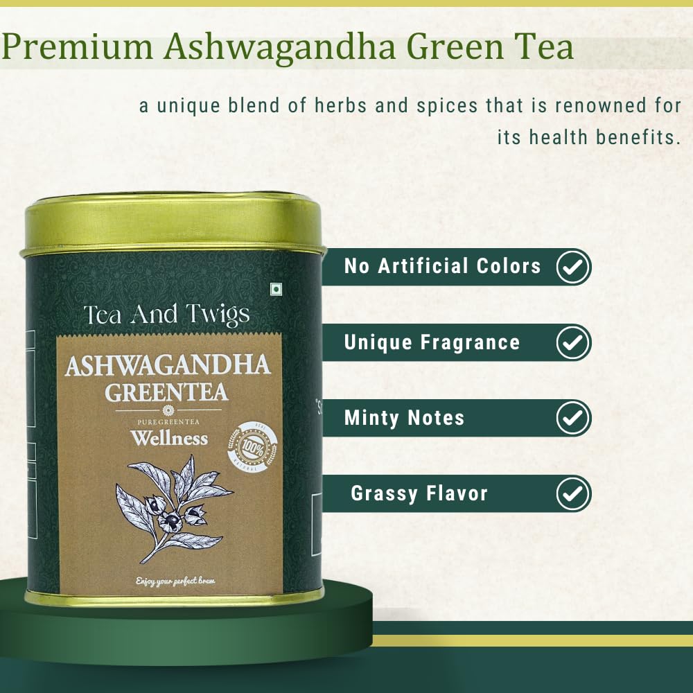 Tea And Twigs Ashwagandha Green Tea - 30gm, 1.05 Ounce, 15 Teabags | Ayurvedic Blend Of Himalayan Green Tea, Natural Ashwagandha & Real Cardamom - Boosts Immunity & Improves Memory, Caffeine Free
