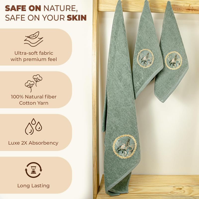 Akiko Home Prima Dream 100% Cotton 1 Bath & 2 Hand Towel 1000 Gsm | Soft, Absorbent & Durable, Cotton Bath Towel | Pack Of 3 (Green)