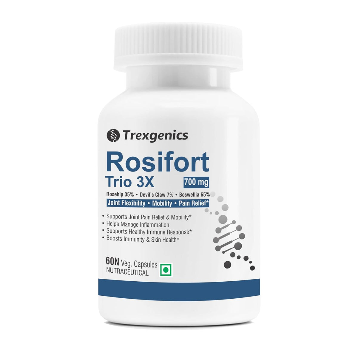 Trexgenics Rosiforte Trio Rosehip, Boswellia, Devil's Claw 700mg Joint Pain & Inflammation Support Vegan & Non - Gmo | 60 Veg Capsules 100gm 0.2lbs