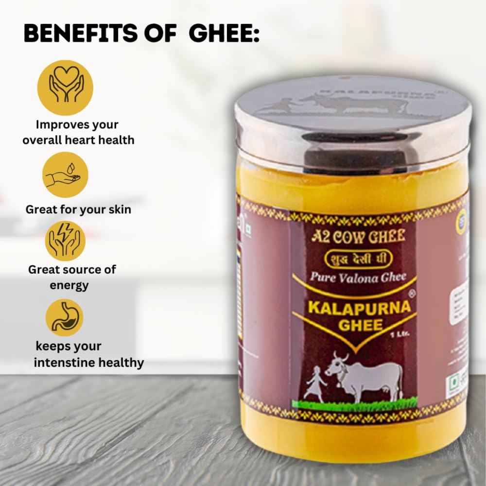 100% Pure A2 Desi Cow Ghee By Kalapurna Ghee | Delicious & Nutritious Healthy Desi Cow Ghee For Sweets | (1 Litr) 33.8 Ounce | Jar Pack