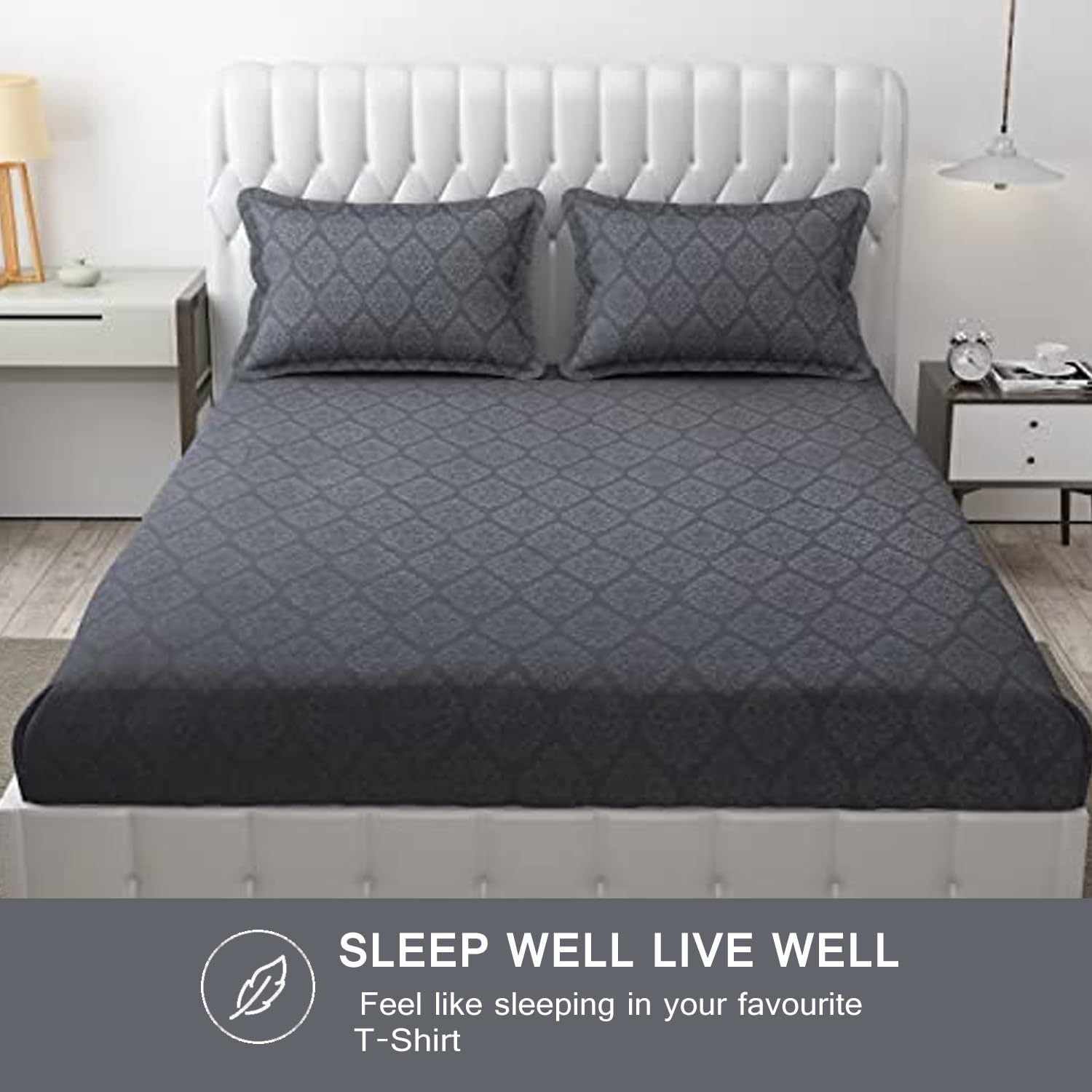 144 TC Rotary Printed King Size Bedsheet With 2 Pillow Covers - 90 X 95 Inches | Grey, Damas Design Bedsheet | Machine Washable & Wrinkle Resistant