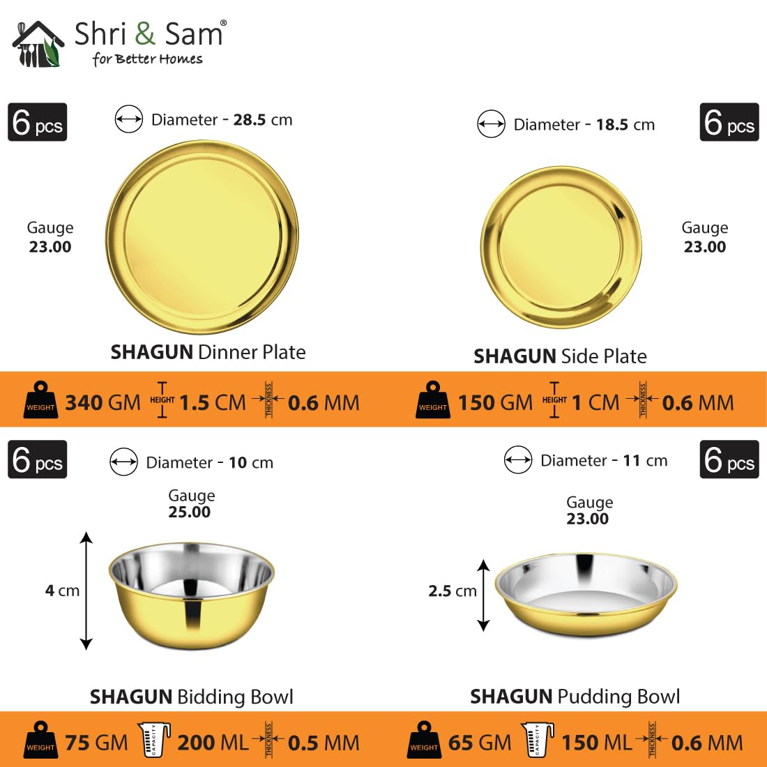 Stainless Steel Shagun Solid Dinner Set, 50 Pcs Set Gold | Easy To Wash - Dishwasher Safe