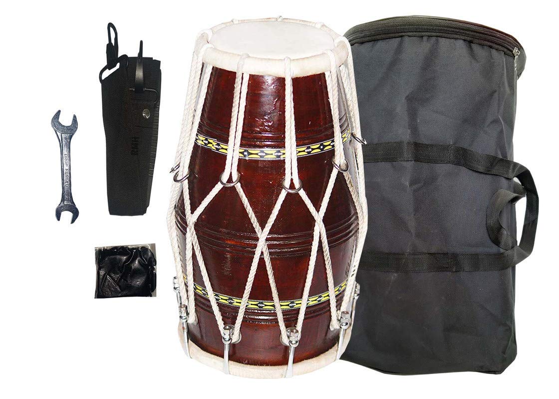 Rope Rings Dholak With Full Tool Kit Bag, Tuning Key, Belt - Brown | Perfectly Symmetric Round Dholak - Dholak For Festival, Wedding, Satsang | Very Easy To Tune