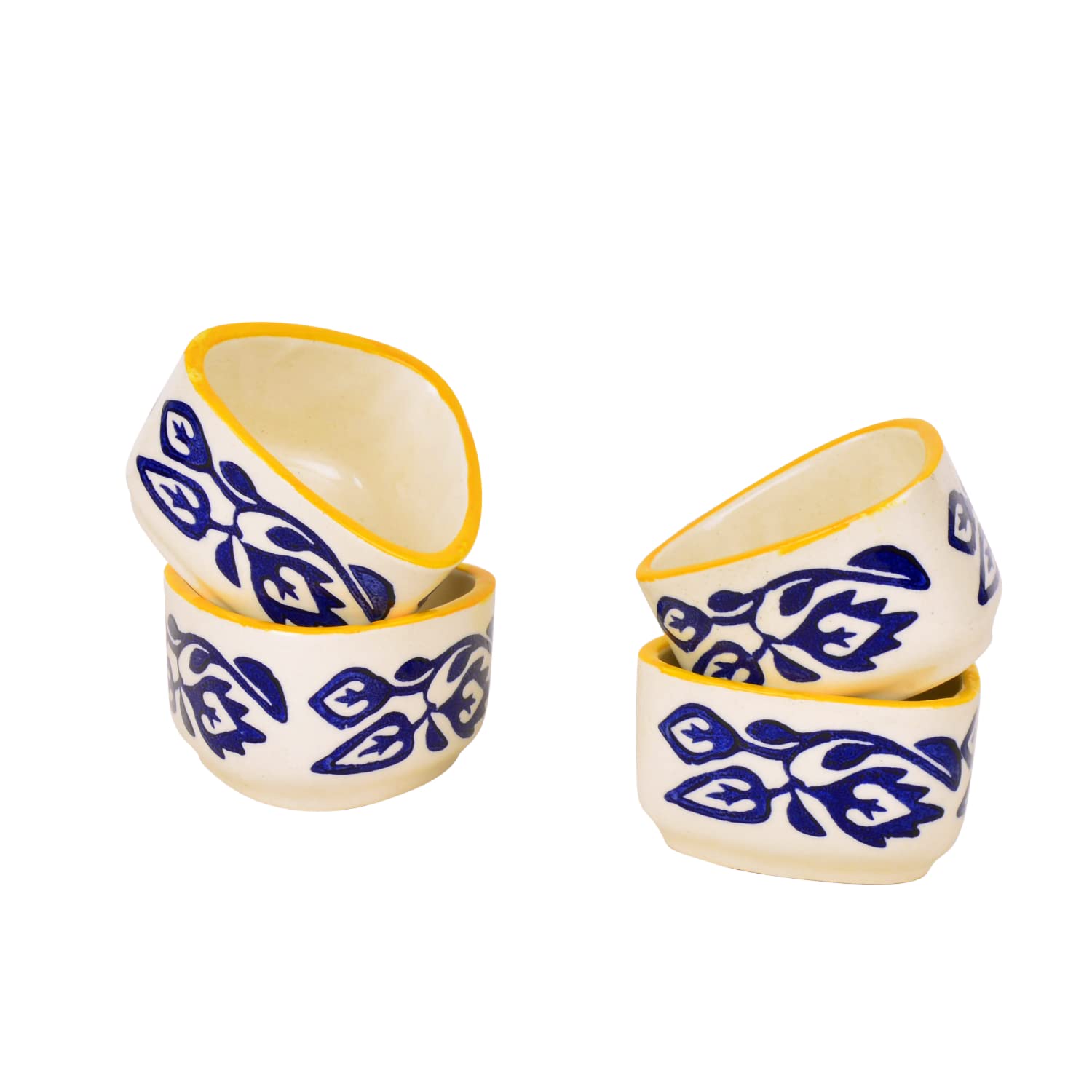 Hand Painted Ceramic Triangular Floral Dip Bowls Set Of 4 - Blue & Yellow, 50ml Each | Chutney Bowls - Ketchup Bowls