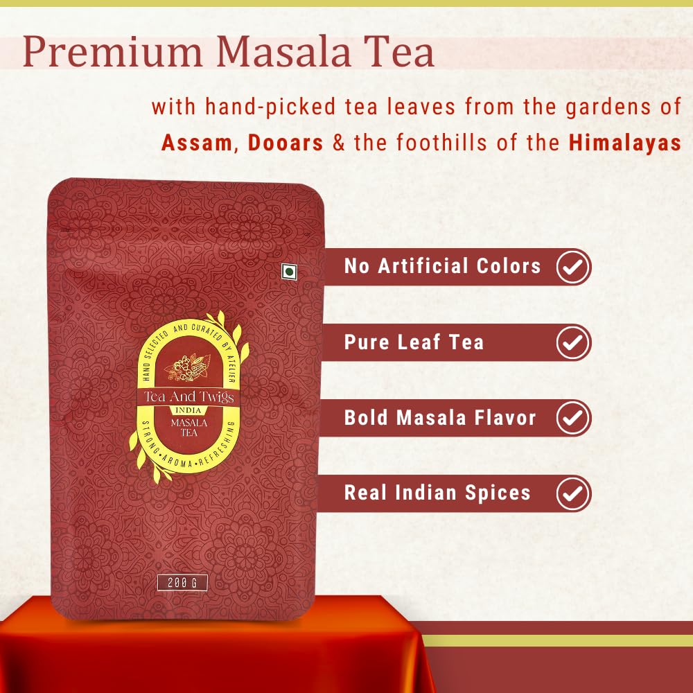 Tea And Twigs Strong Masala Tea - Pack Of 2 X 200gm, 7.05 Ounce Each | Premium Second Flush CTC Black Tea & 100% Natural Spices - Kadak Masala Chai | Medium Caffeine Assam Tea