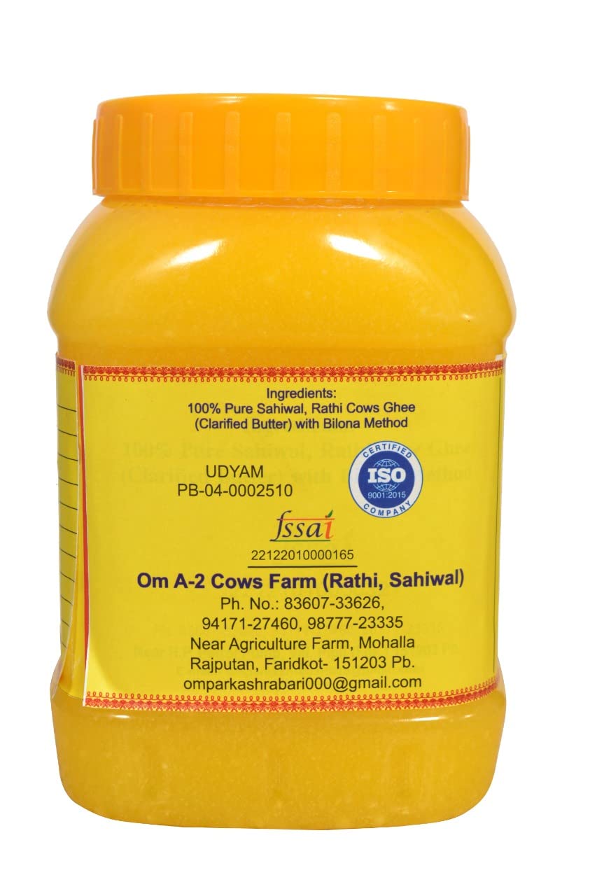 100% Natural Desi Ghee (Rathi, Sahiwal) By Om A-2 Cows Farm | Great Source Of Vitamins & Minerals Help Treat Other Health Issues | (1 Litre) 33.8 Ounce | Jar Pack