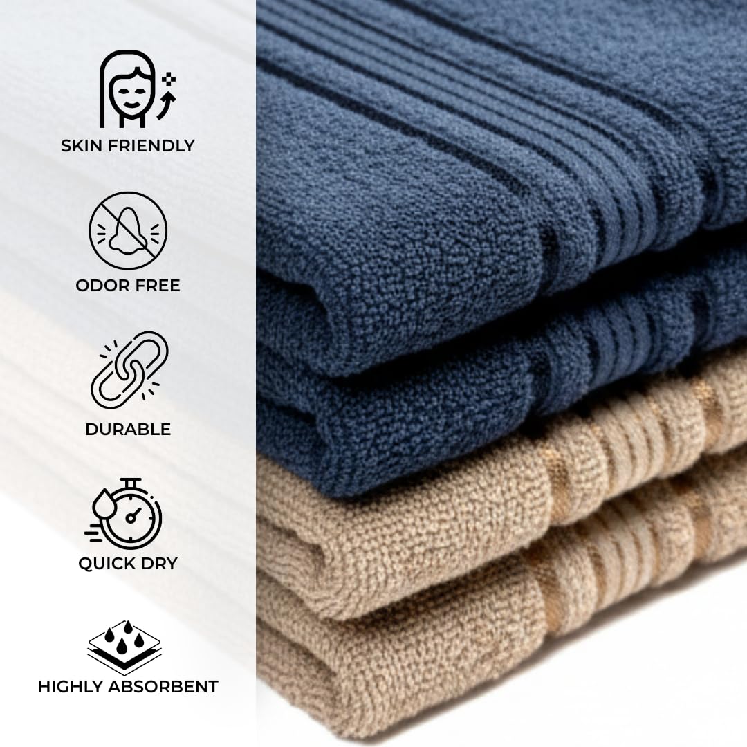 Akiko Home 100% Cotton Essential Series Hand Towels 800 Gsm | Soft, Absorbent & Durable, Cotton Hand Towel For Bathroom Use, Gentle On Skin- Pack Of 4 (Navy & Beige)