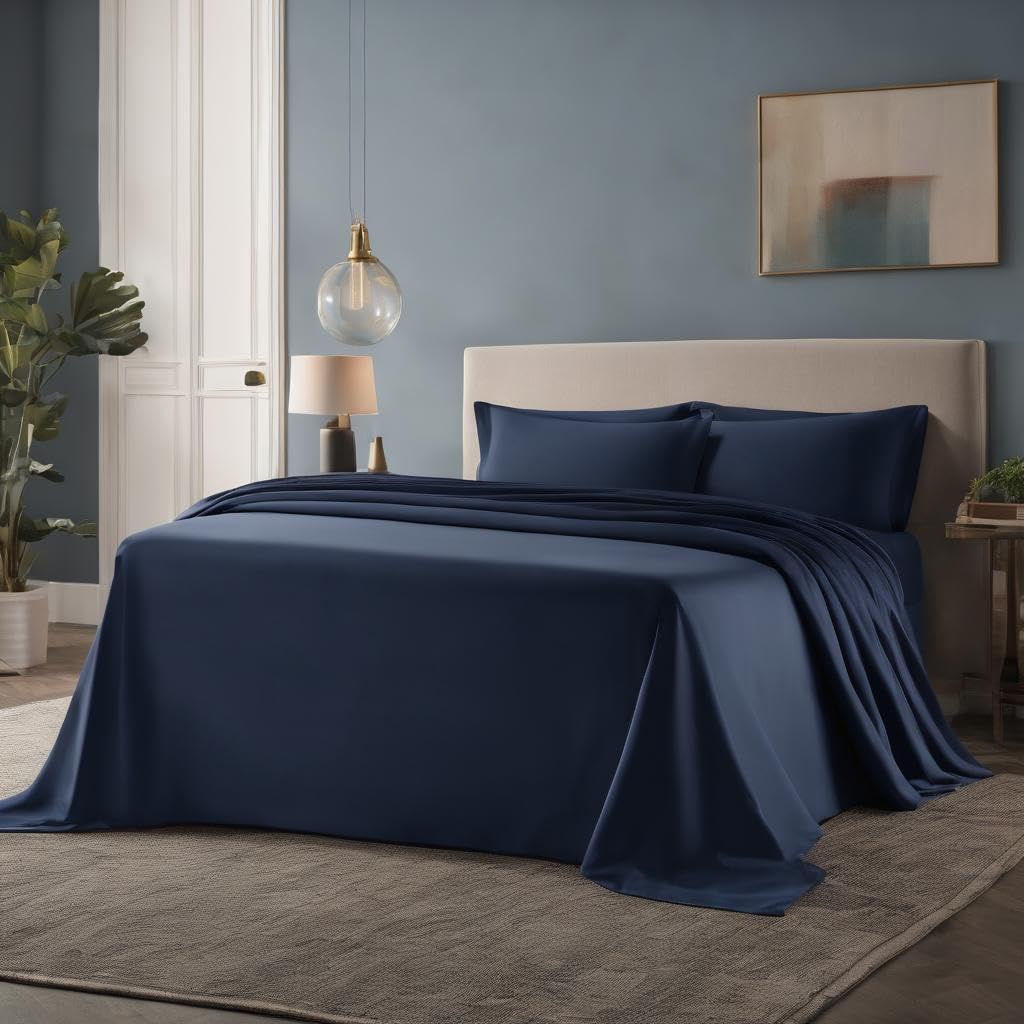 King Size 2 Fitted Bedsheet With 4 Pillowcases - 78 X 84 Inches, Navy Blue | Premium 100% Cotton Bedsheet | Durable & Long-Lasting