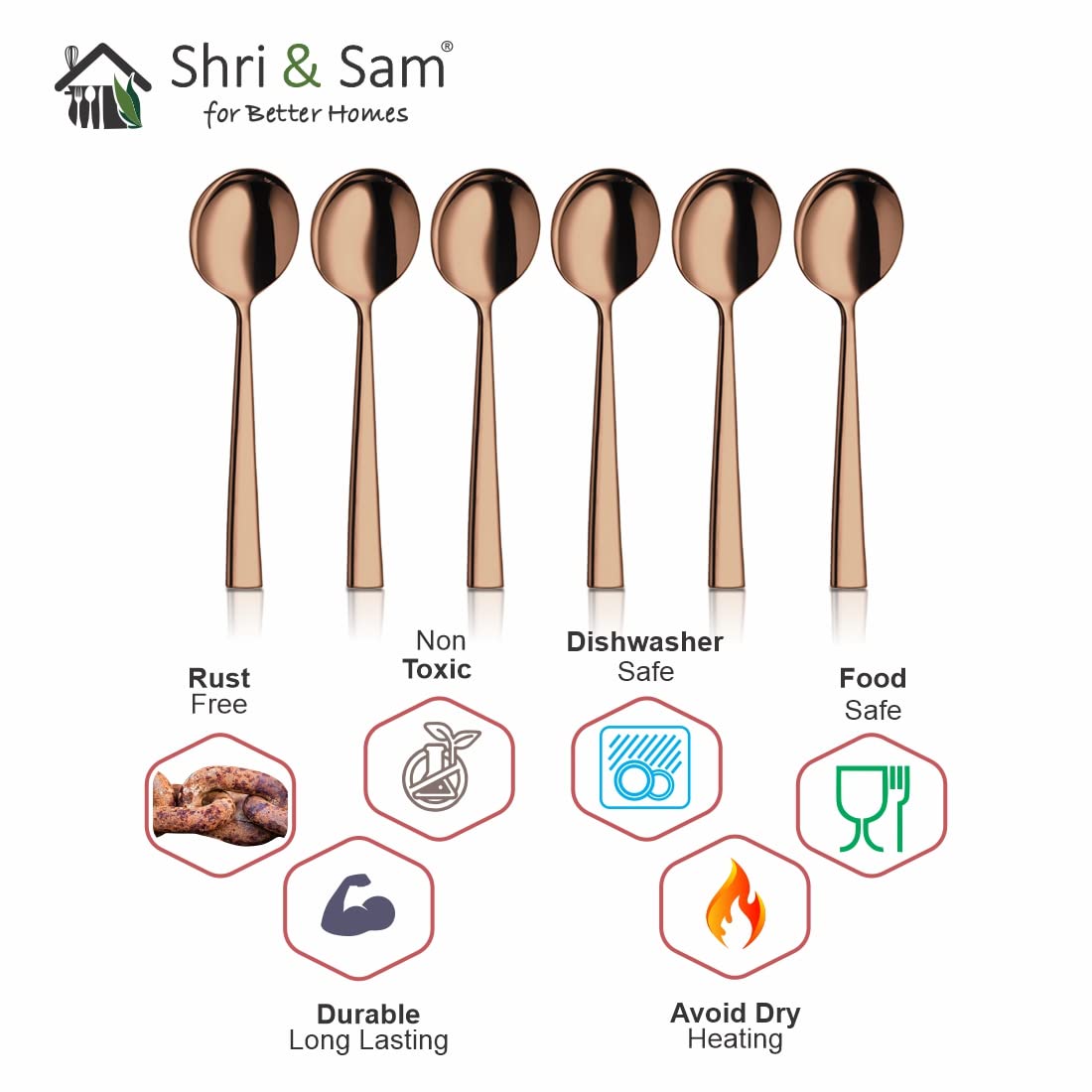 Stainless Steel Lotus Plain Rose Gold PVD Coating Desert Soup Spoon Set Of 6 Pieces | Easy To Clean & Dishwasher Safe