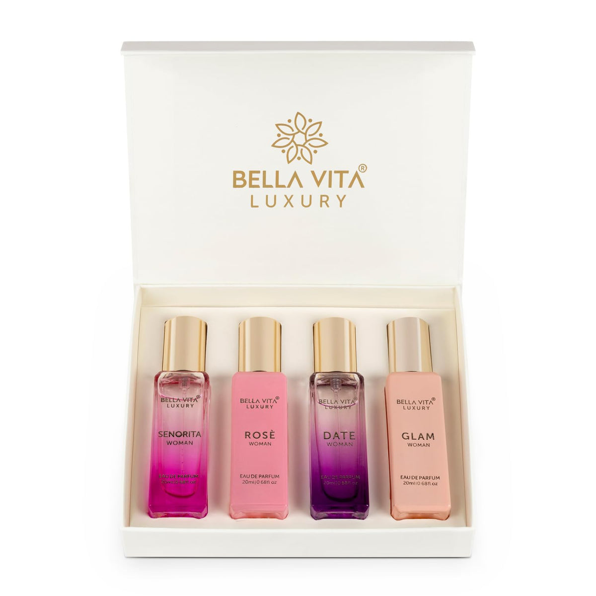 Bella Vita Luxury Senorita + Rose + Date + Glam Eau De Parfum Gift Set 4x 0.68 Fl.oz. Perfect Gift For Wife