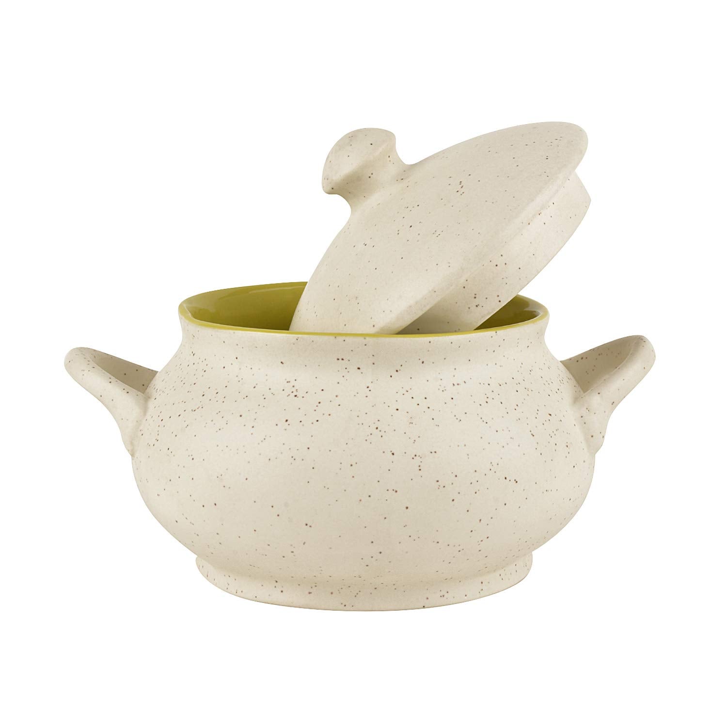 White Matt Ceramic Serving Donga Set Of 2 - White & Green, 1 Liters Each | Dinner Serving Bowl Set - Ceramic Kitchen Bowl Set