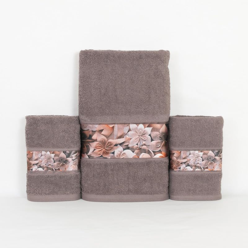 Rangoli 100% Cotton Fibre 1 Bath & 2 Hand Towels 900 Gsm | Highly Durable & Absorbent With Printed Border | Quick Drying Towels (Brown)