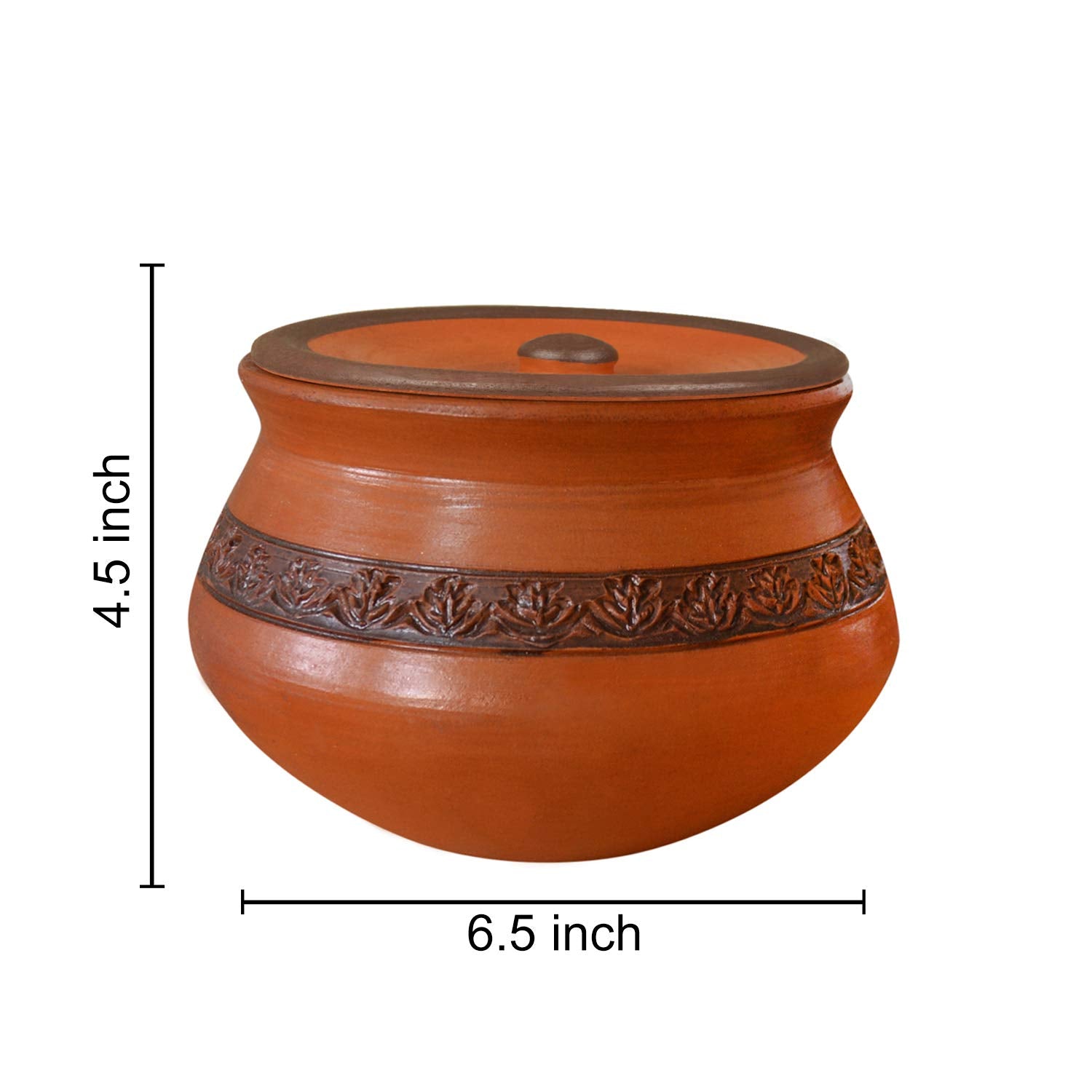 Handcrafted Ornately Designed Earthenware Handi With Lid - Brown, 1.25 Liters | Clay Dahi Handi - Cooking & Serving Pot