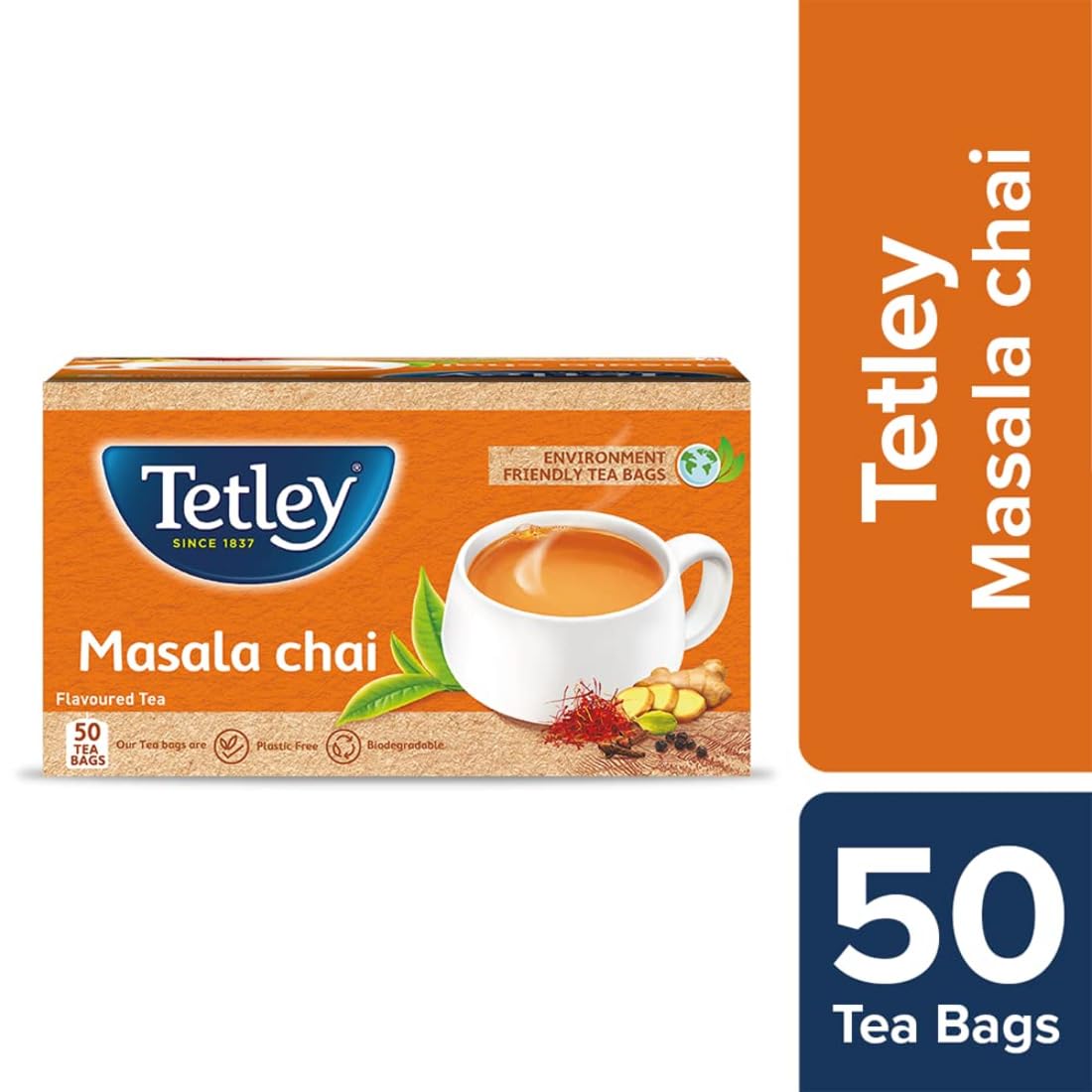 Tetley Masala Chai Flavored Tea - 50 Tea Bags | Environment Friendly Tea Bags, Biodegradable - Caffeine Free, Plastic Free
