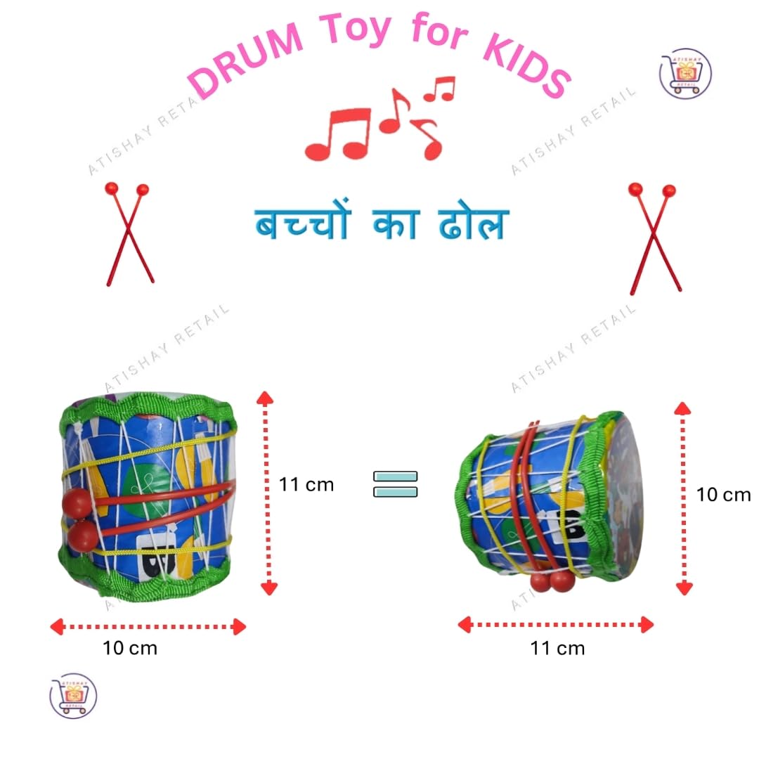 Plastic Medium Dholak For Kids With 2 Sticks & Free 1 Plastic Cute Small Drum With 2 Sticks - Multicolor | Age 6 Month+, For Girls & Boys - Buy 1 Get 1 Free Combo