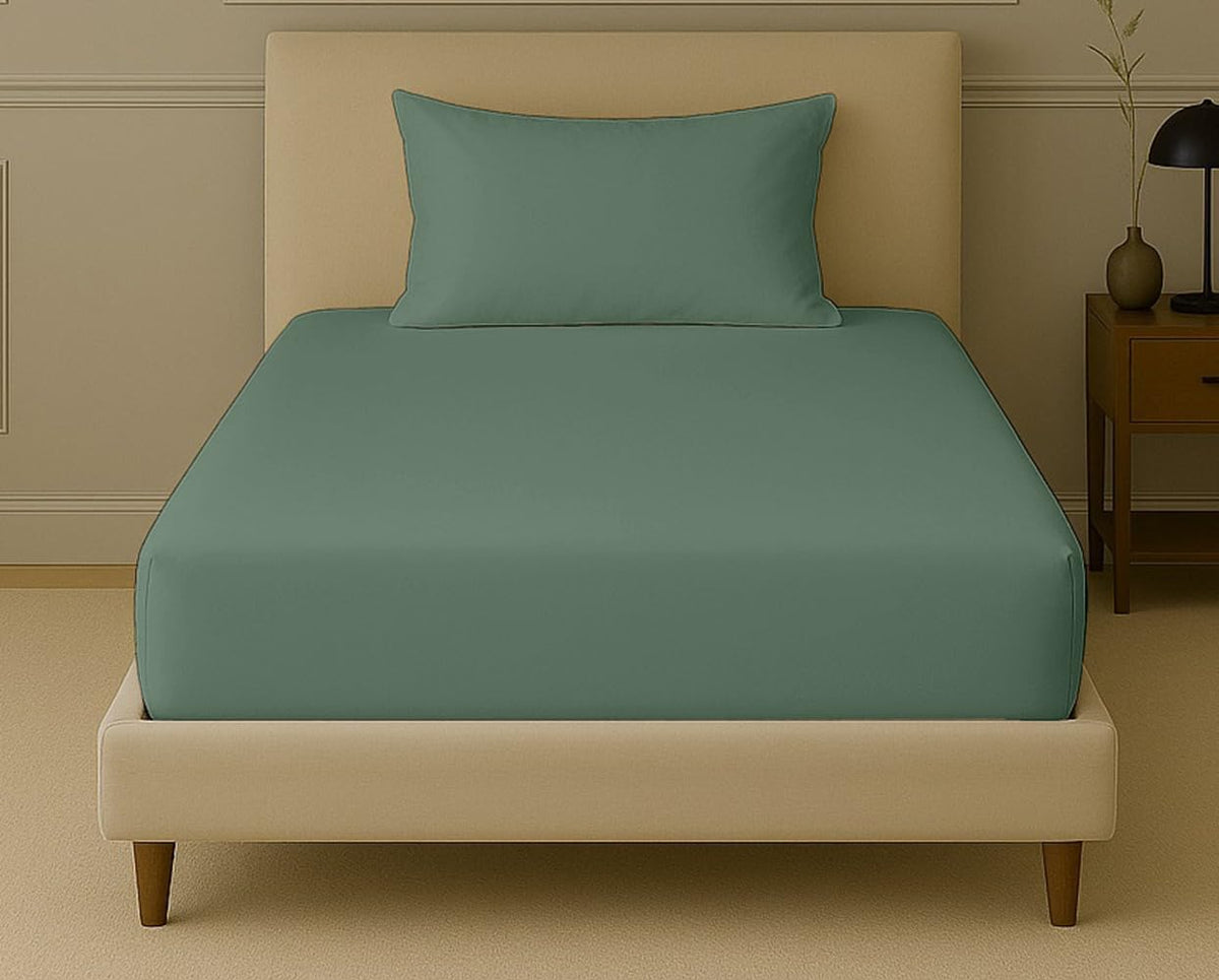 1 Elastic Fitted Single Bedsheet With 1 Pillow Cover (72 X 36 Inches, Aqua Green) | Soft, Breathable, Smooth & Luxurious Feel | Ideal For House, Hotel