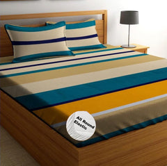 Double Bedsheet For King Size With 2 Large Pillow Cover - Size 72 X 78 X 10 Inches, Multicolor | Cotton Elastic Fitted All Around Bedsheet - Breathable & Wrinkle Free