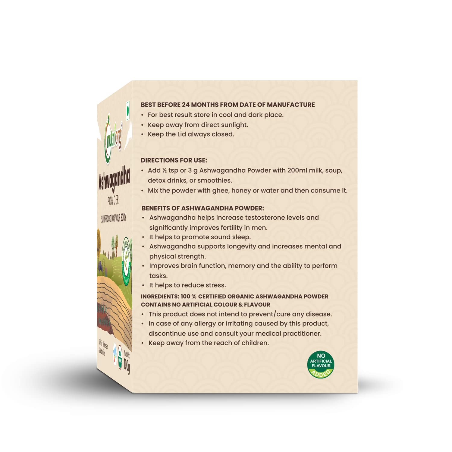 Nutriorg Organic Ashwagandha Root Powder, Boost Energy, Strength, Stamina, Helps Anxiety & Stress Relief For Men & Women | 100gm 0.2lbs