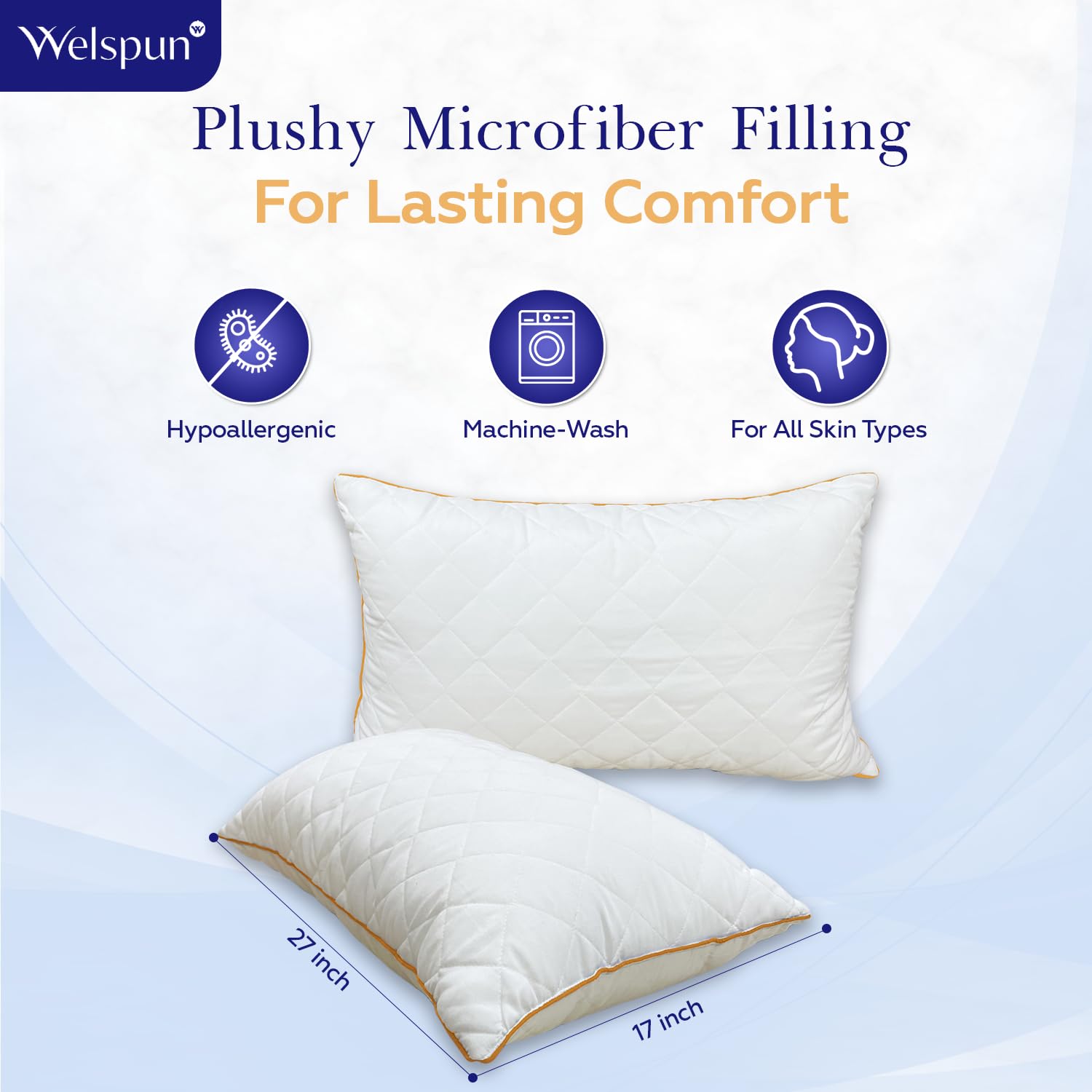 Quilted Pillow, Luxury Queen Size, Bed White Microfiber Pillows - 43 X 69 Cm | Extra Soft Filled, Down Alternative Hypoallergenic Pillows | Neck Support, Machine Washable - Set Of 2