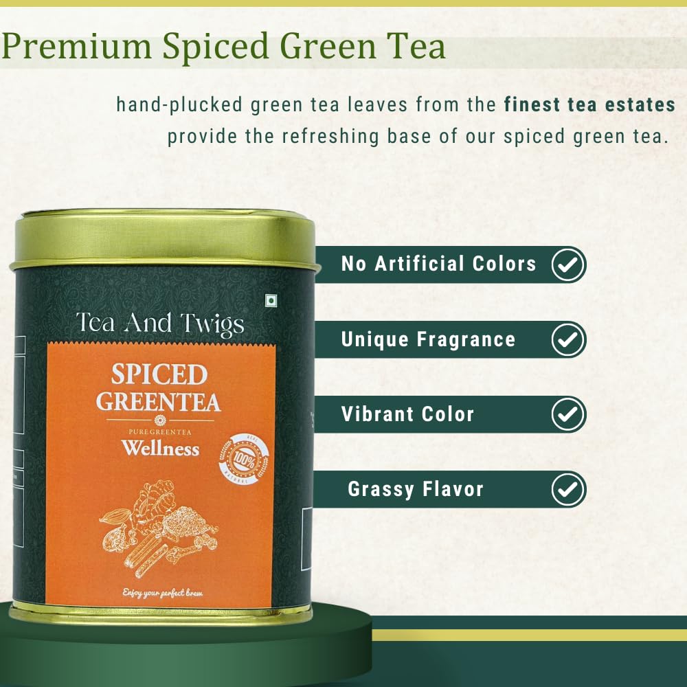 Tea And Twigs Spiced Green Tea - 30gm, 1.05 Ounce, 15 Pyramid Teabags | 100% Pure Spices - Cinnamon, Cardamom, Clove, Black Pepper, Ginger & Green Tea | Soothing & Relaxing Tea, Caffeine Free