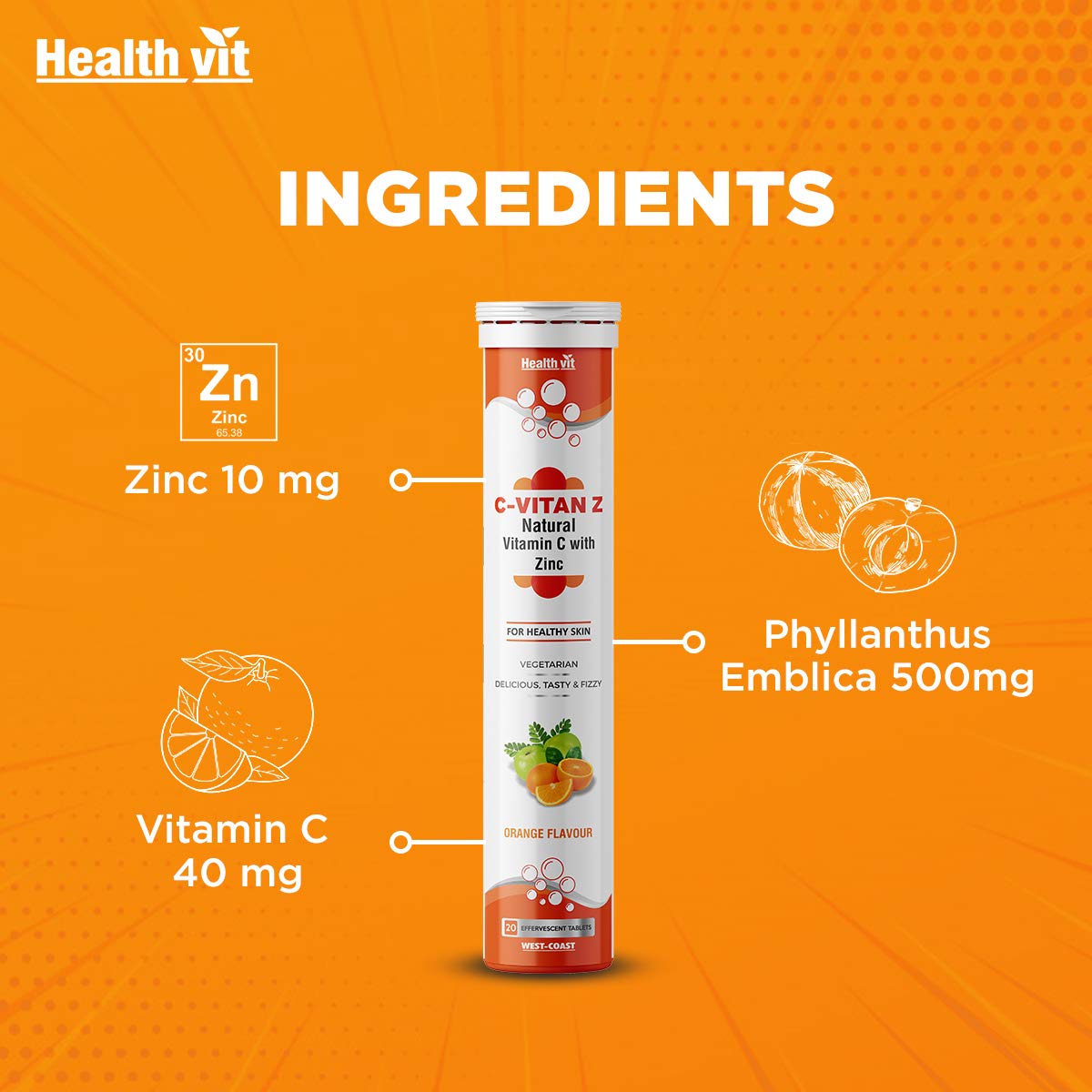 Healthvit C - Vitan - Z Natural Vitamin C 40mg, Amla & Zinc For Antioxidant Support , Improves Immunity & Skin Health | Delicious, Tasty & Fizzy | 20 Effervescent Tablets , 50gm 0.1lbs
