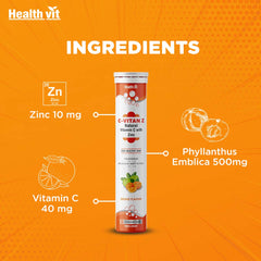 Healthvit C - Vitan - Z Natural Vitamin C 40mg, Amla & Zinc For Antioxidant Support , Improves Immunity & Skin Health | Delicious, Tasty & Fizzy | 20 Effervescent Tablets , 50gm 0.1lbs