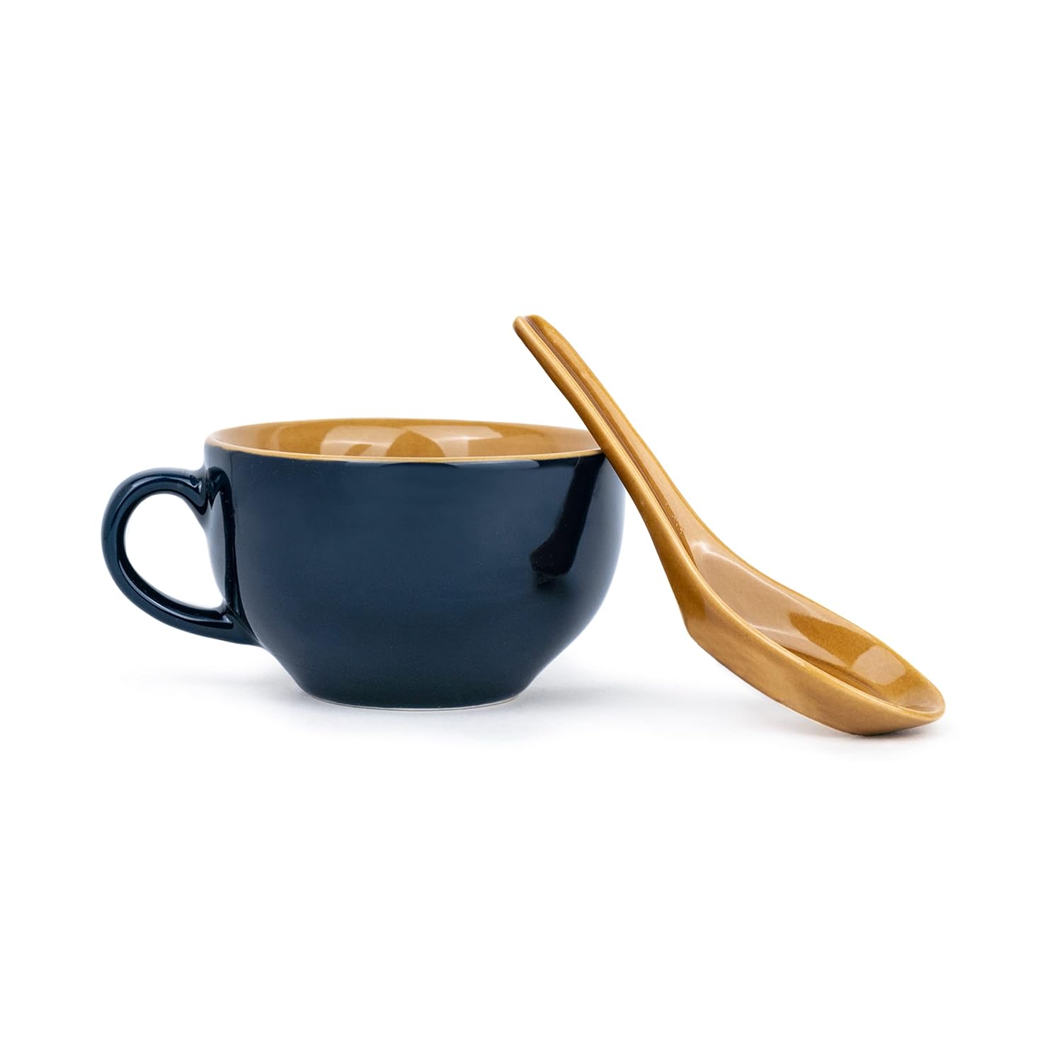 Ceramic Soup Bowl Set With Spoon Set Of 2 - Persian Blue, 350ml Each | 2 Soup Bowls + 2 Soup Spoons - Soup Mug, Soup Cup | Glossy Finish Ceramic Soup Bowls - Microwave Safe & Dishwasher Safe
