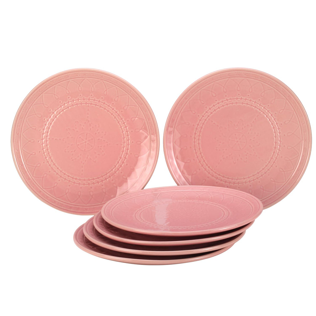 Ceramic Hand Glazed Large Embossed Dinner Plates Set Of 6 - 10.6 Inch, Light Pink | Handcrafted Stoneware - Microwave Safe & Dishwasher Safe