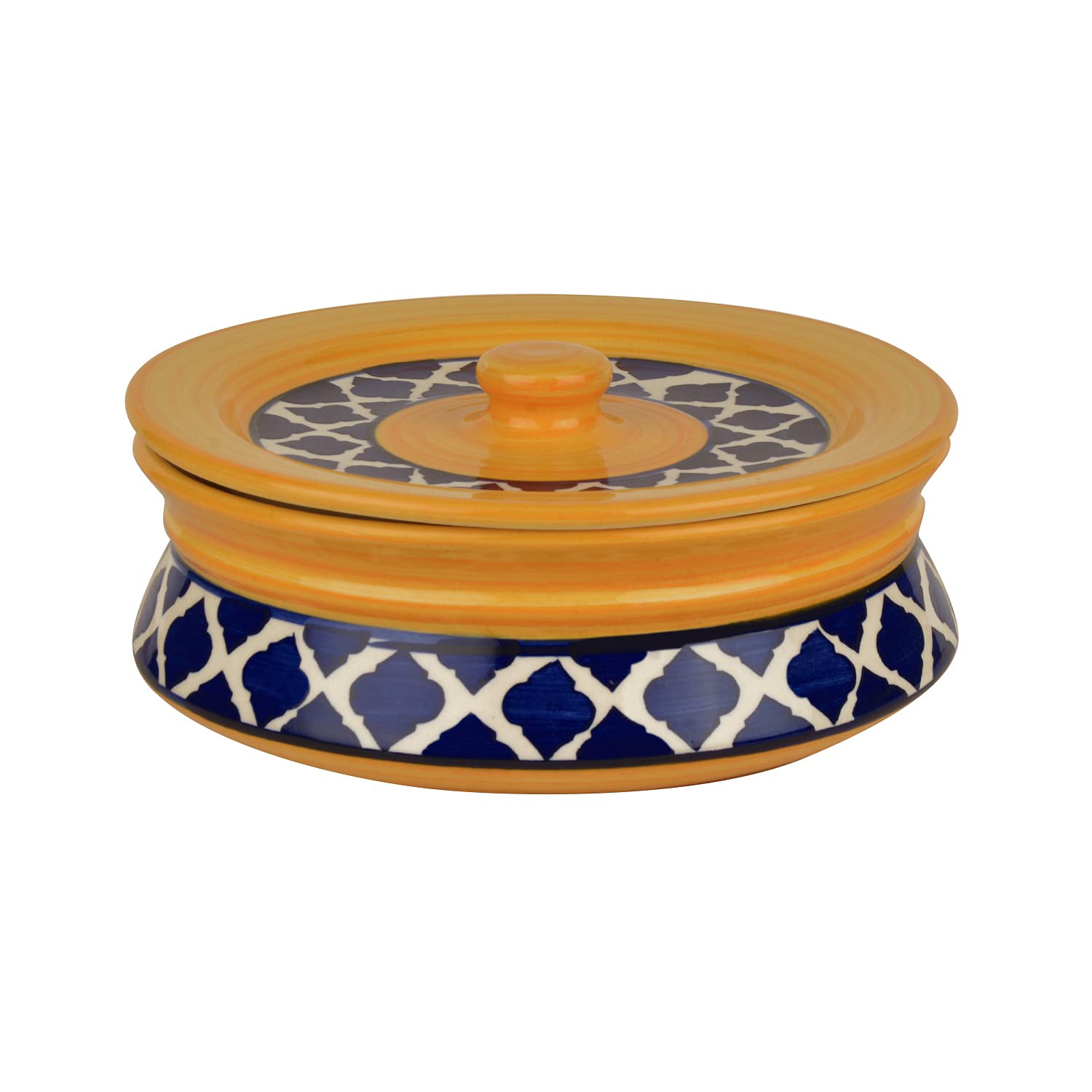 Hand Painted Ceramic Handi With Lid Set Of 3 - 1500ml, 1000ml & 700ml, Blue & Yellow | Dinner Serving Bowls - Biryani Handis, Serving Pots