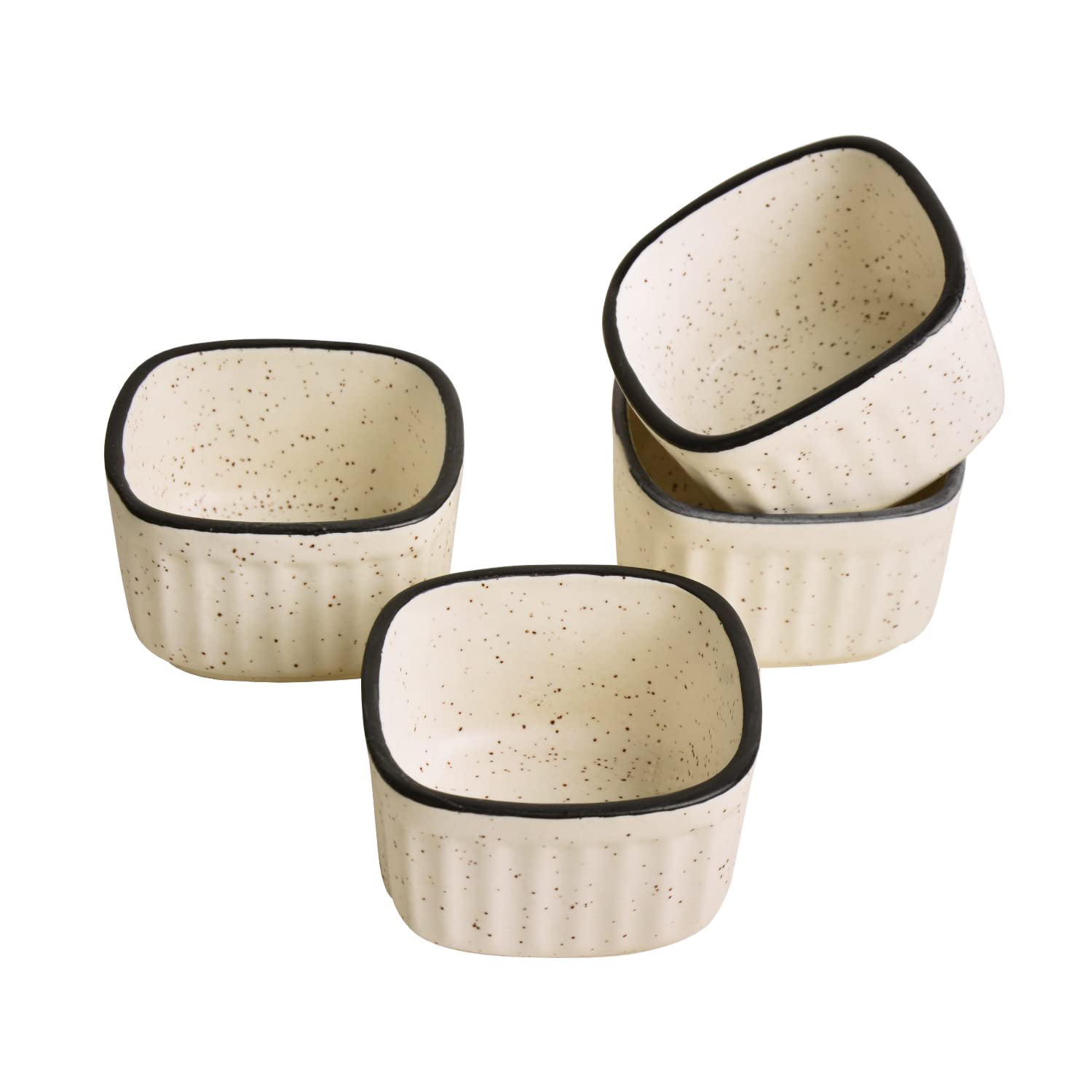 Handcrafted Ceramic Ribbed Dip Bowls Set Of 4 - White Matt, 50ml Each | Chutney Bowls - Ketchup Bowls