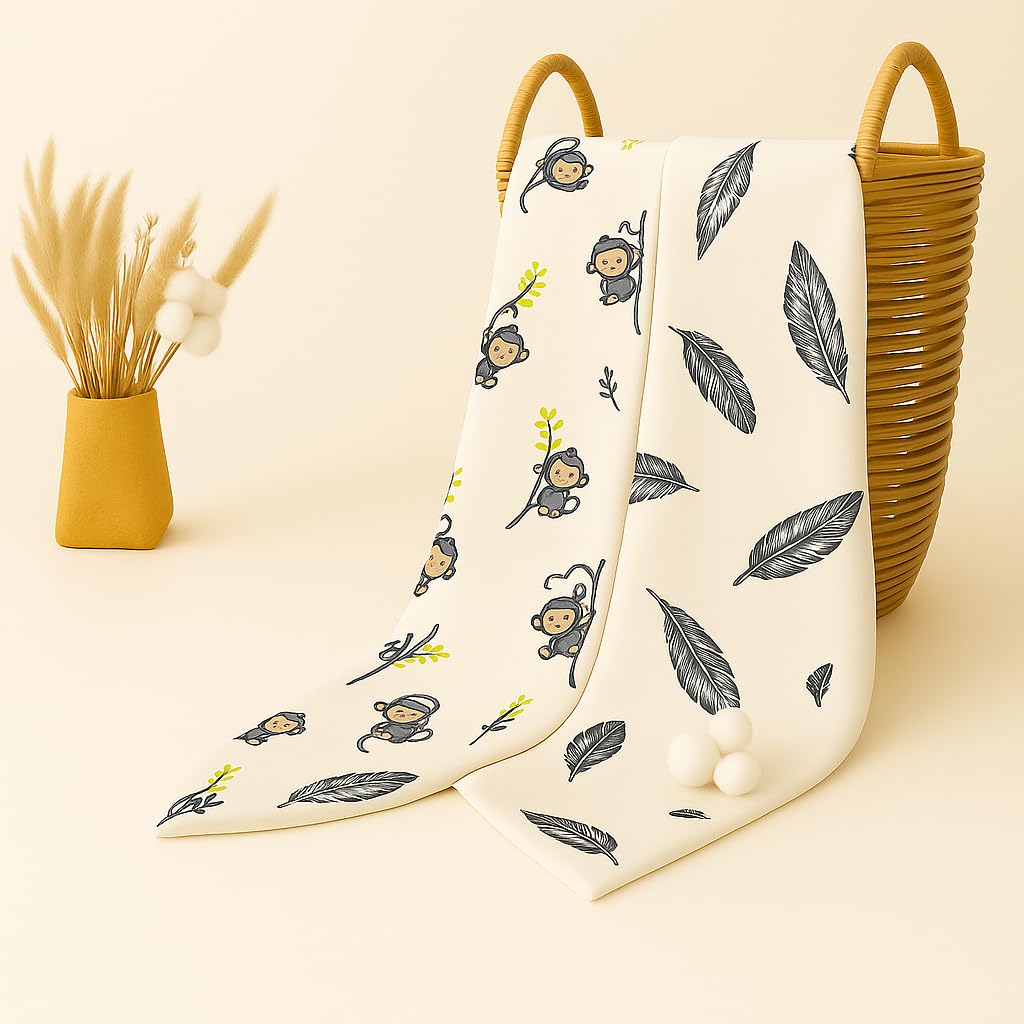 Organic Cotton Muslin Baby Bath Towel 200 Gsm | Cotton Cloth Premium Baby Washable Reusable, Absorbent, Extra Soft (Monkey & Black Feather)- Pack Of 2