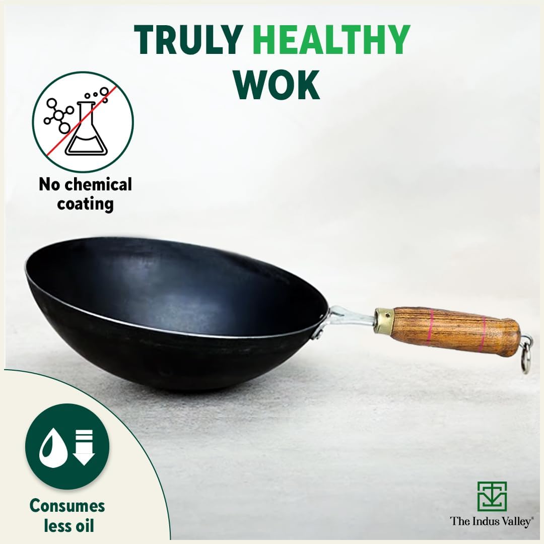 Pre-Seasoned Black Iron Cookware Set - Wok 25.4 Cm, 2.2 Liters + Fry Pan 24.7 Cm, 1.5 Liters | Kitchen Cooking Combo Pots & Pans Set Of 2 Pcs - Naturally Nonstick