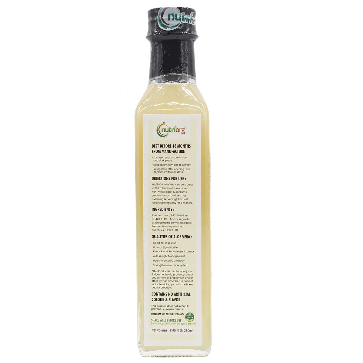 Nutriorg Aloe Vera Juice, Suitable For Healthy Hair & Skin, Detox Juice For Weight Loss, Organic & Natural Juice Made With Cold Pressed Aloe Vera, No Added Sugar | 250ml 0.5lbs