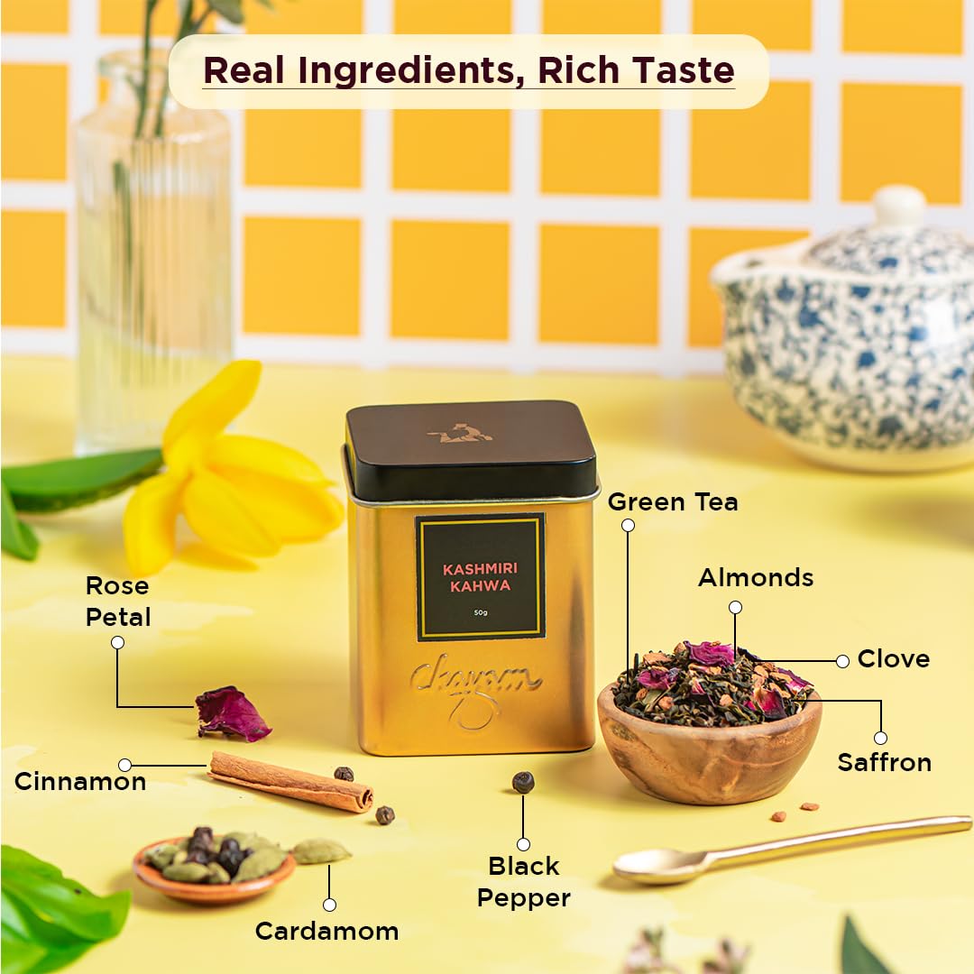 Chayam Kashmiri Kahwa Green Tea - 50gm, 1.7 Ounce | Detox Kahwa Tea For Digestion & Metabolism - Blended With Saffron, Cardamom, Cinnamon, Cloves, Almond & Rose Petals | Low Caffeine