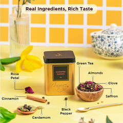Chayam Kashmiri Kahwa Green Tea - 50gm, 1.7 Ounce | Detox Kahwa Tea For Digestion & Metabolism - Blended With Saffron, Cardamom, Cinnamon, Cloves, Almond & Rose Petals | Low Caffeine