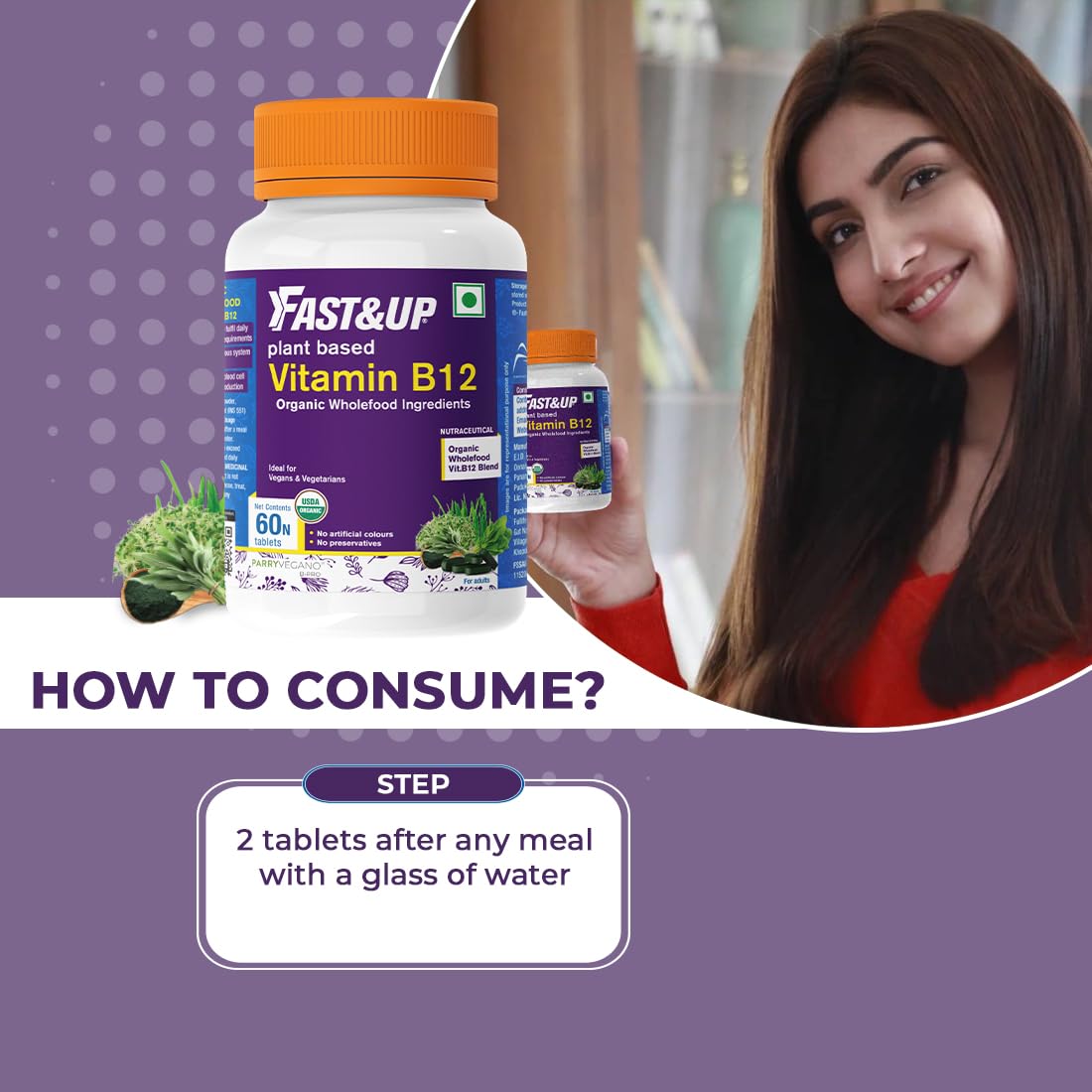 Fast&up Plant Based B12 , With Natural Methylcobalamin, Usda Organic Certified, 100% Natural, Preservative Free, Contributes To Daily Rda Of Vitamin B12 | 60 Tablets , 100gm 0.2lbs