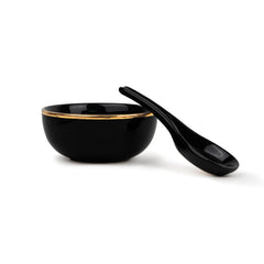 Ceramic Soup Bowl Set With Spoons - 300ml Each, Black Gold | 6 Pieces Soup Bowls + 6 Spoons | Glossy Finish - Premium Stoneware Ceramic Soup Bowls With Spoons | Soup Bowl Set Of 6