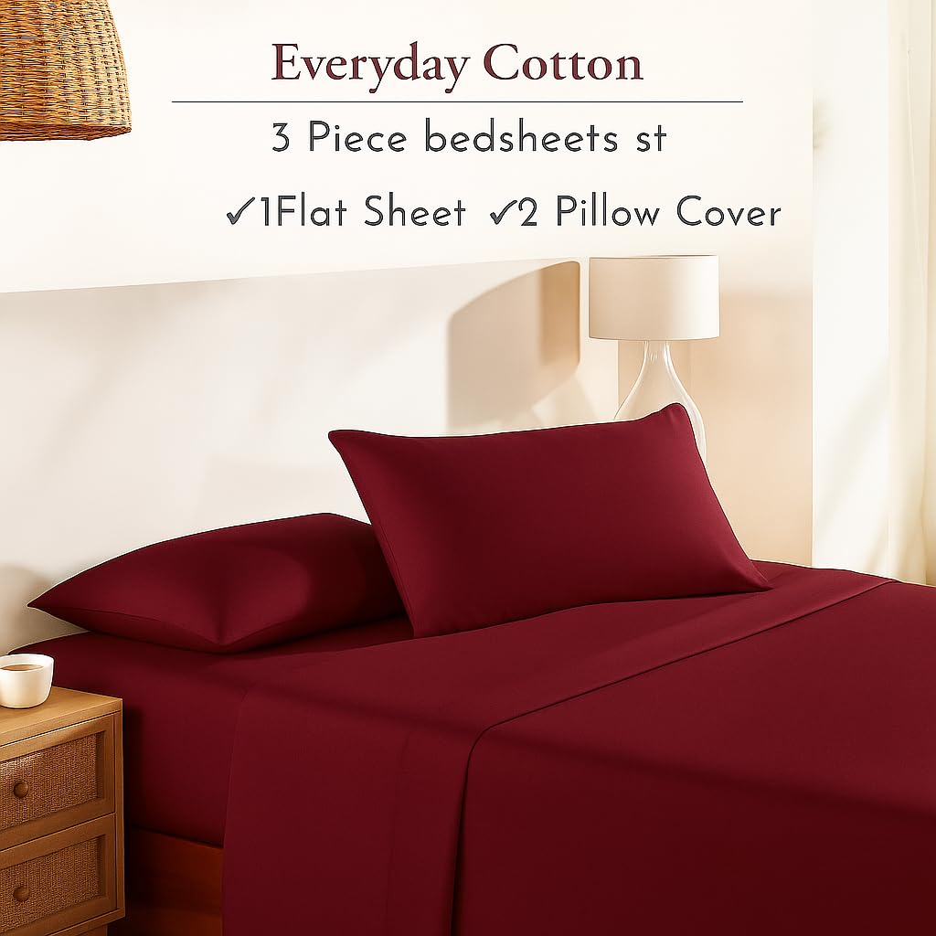 Double Bedsheet For Queen Size With 2 Matching Pillow Cover - 90 X 100 Inches, Burgundy | Breathable & Durable, Soft Touch & Perfect For All Seasons