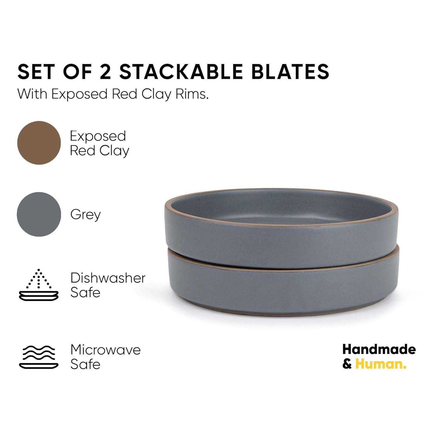 Stackable Ceramic Pasta Bowl Set Of 2 Pieces - 22cm, Grey With Brown Rim | Ceramic Pasta Plate With Matte Finish | Deep Plate - Ceramic Bowl | Pasta Serving Plate