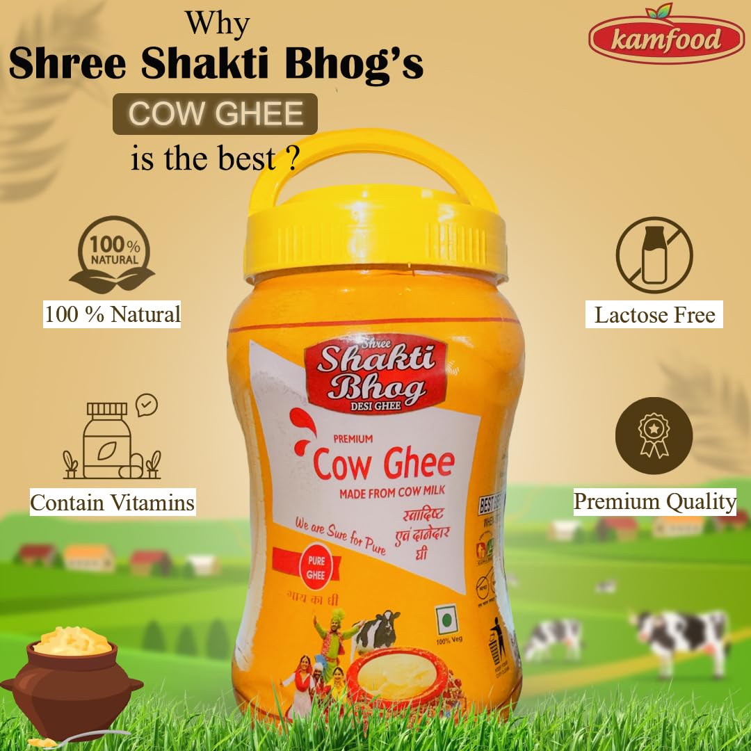 Natural Organic Cow Ghee By Shree Shakti Bhog | Vedic Bilona Method Delicious Danedar A2 Cow Desi Ghee Good For Sweets | (1 Litre) 33.8 Ounce | Tin Pack