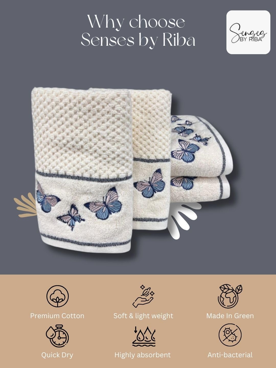 Senses By Riba All Cotton 550 Gsm Embroidered Bath Towel Set - Pack Of 4 (Style 12)