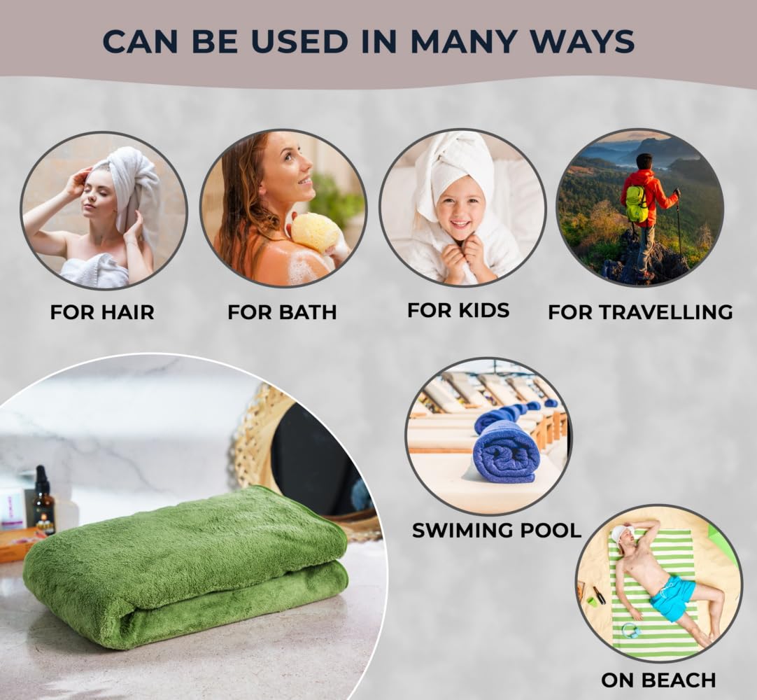 Fezora Microfiber Bath Towels 555 Gsm, | Extra Soft Plush & Quick Dry High Absorbency With Large Size Towels For Bathing Pack Of 2 (Dark Blue & Pista)